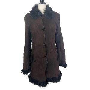 Vintage Marvin Richards Size M Brown Leather Shearling Long Button Front Coat